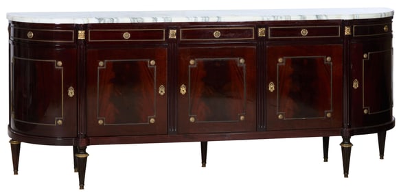 French Louis XVI Style Marble Top Enfilade, 20th c., H.- 39 3/4 in., W.- 98 1/2 in., D.- 22 in.