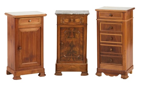 Three French Louis Philippe Marble Top Nightstands, 19th c., Largest- H.- 32 in., W.- 15 1/2 in.