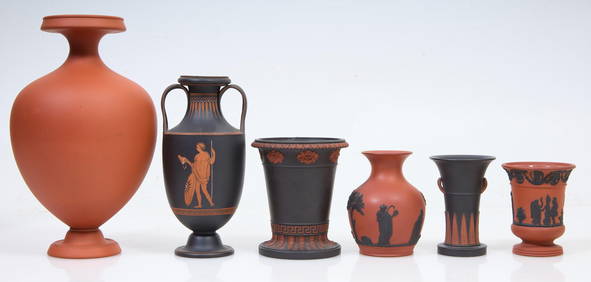 Group of Six Wedgwood Black and Terracotta Color Pieces, 19th c., Largest Urn- H.- 91/4 in., Dia.- 5 (1 of 3)