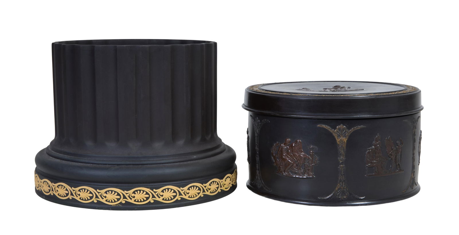Two Large Rare Wedgwood Basalt Pieces, 20th c., Jardiniere- H.- 6 1/2 in., Dia.- 8 7/8 in.; Box- H.- (1 of 4)