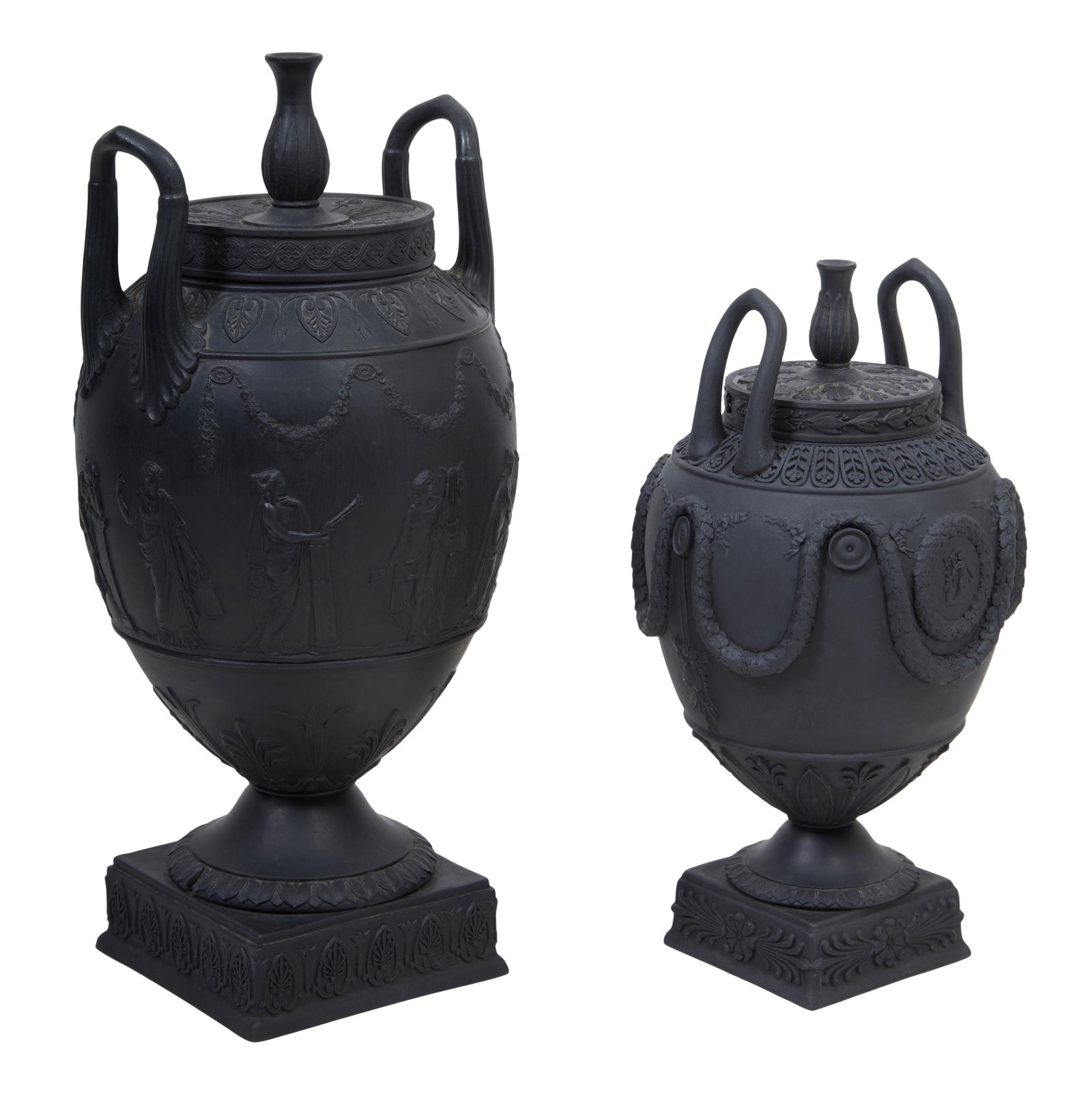 Two Wedgwood Basalt Urns, 19th c., Larger- H.- 11 in., Dia.- 5 in. (2 Pcs.) (1 of 15)