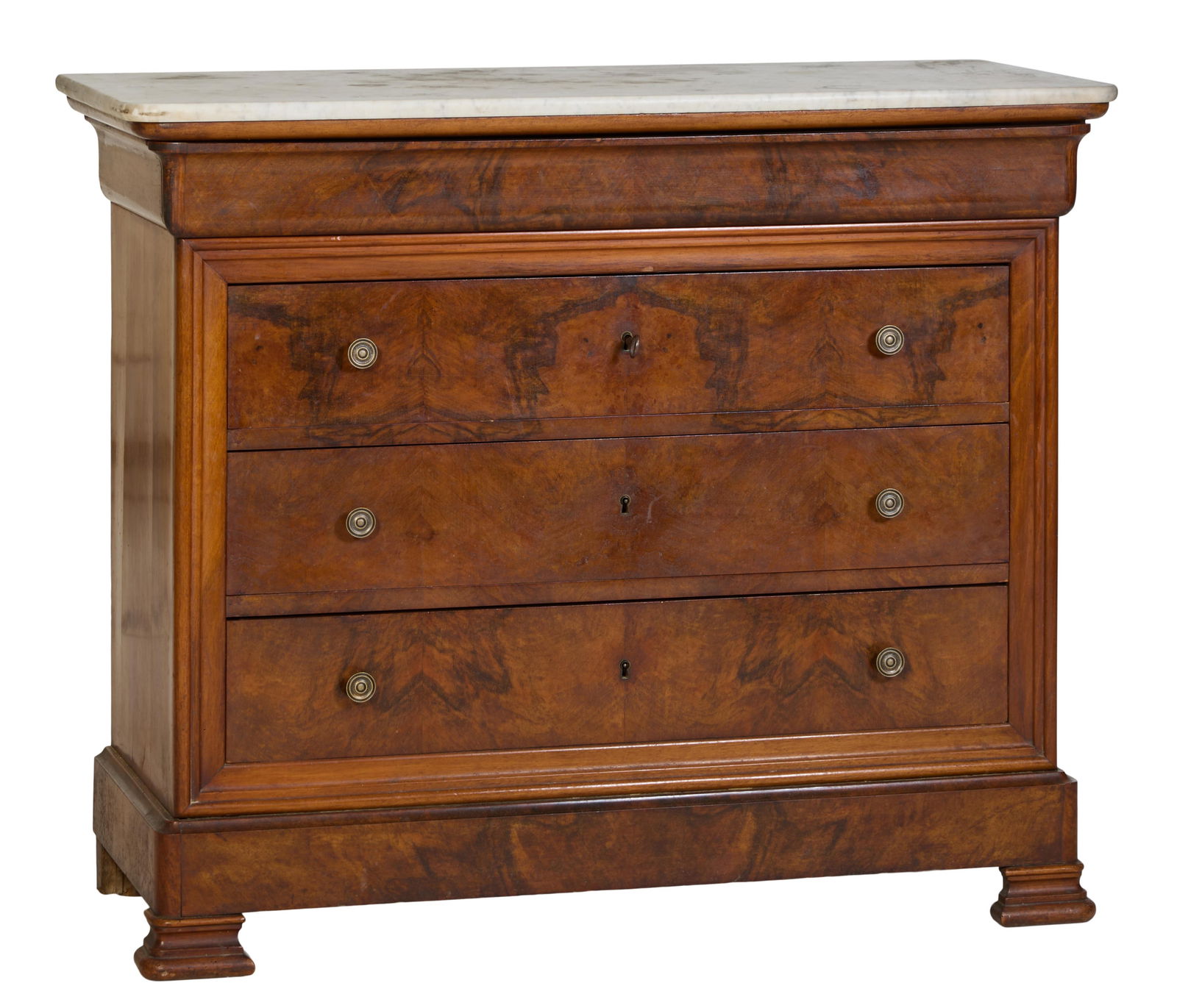French Louis Philippe Marble Top Walnut Commode, mid-19th c., H.- 38 in., W.- 45 1/2 in., D.- 20 in. (1 of 2)