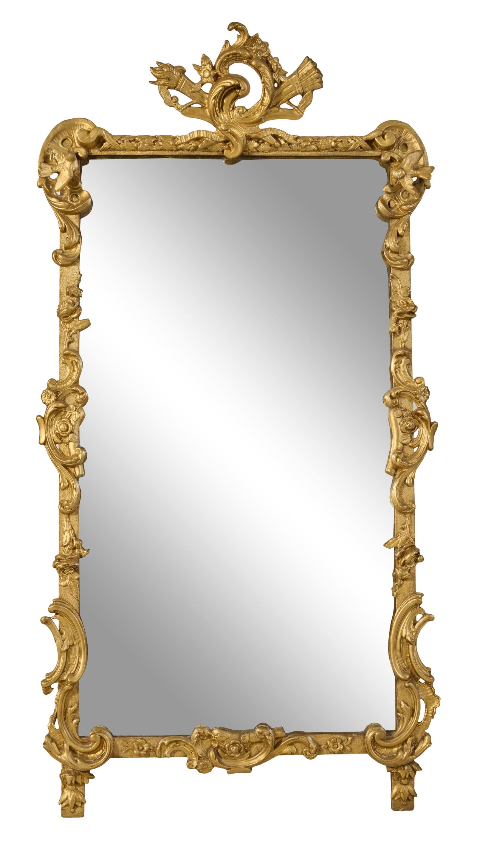 French Louis XV Style Rococo Overmantel Mirror, 20th c., H.- 62 1/2 in., W.- 31 in. (1 of 2)