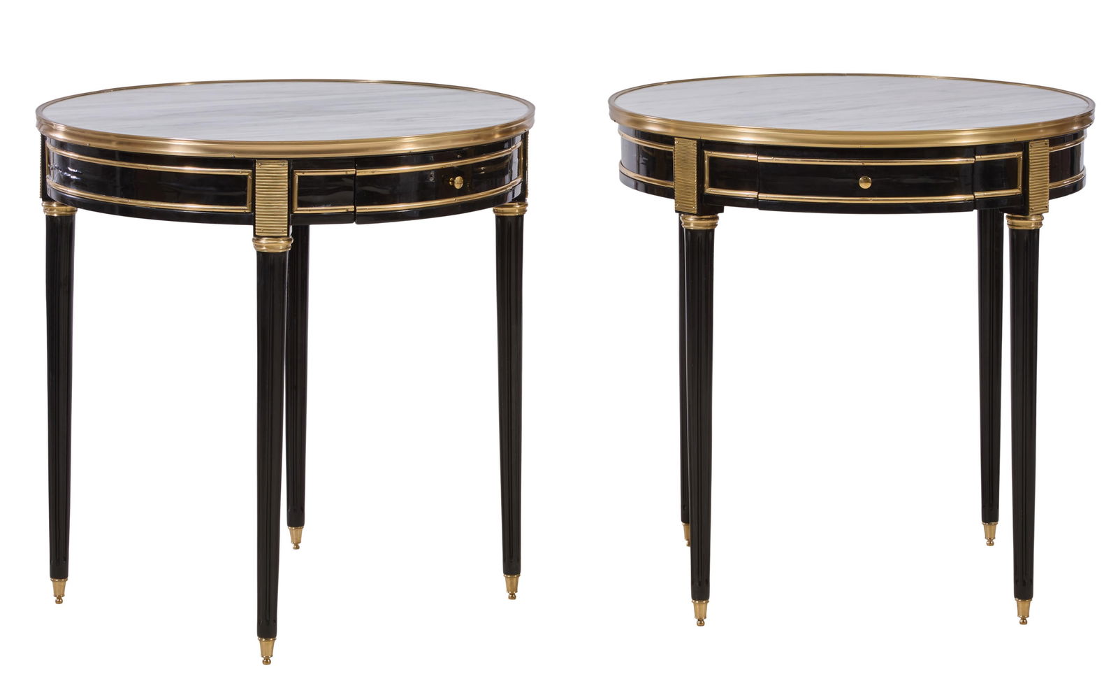 Pair of Louis XVI Style Brass Mounted Marble Top Ebonized Side Tables, 20th c., Each- H.- 31 3/4 (1 of 2)