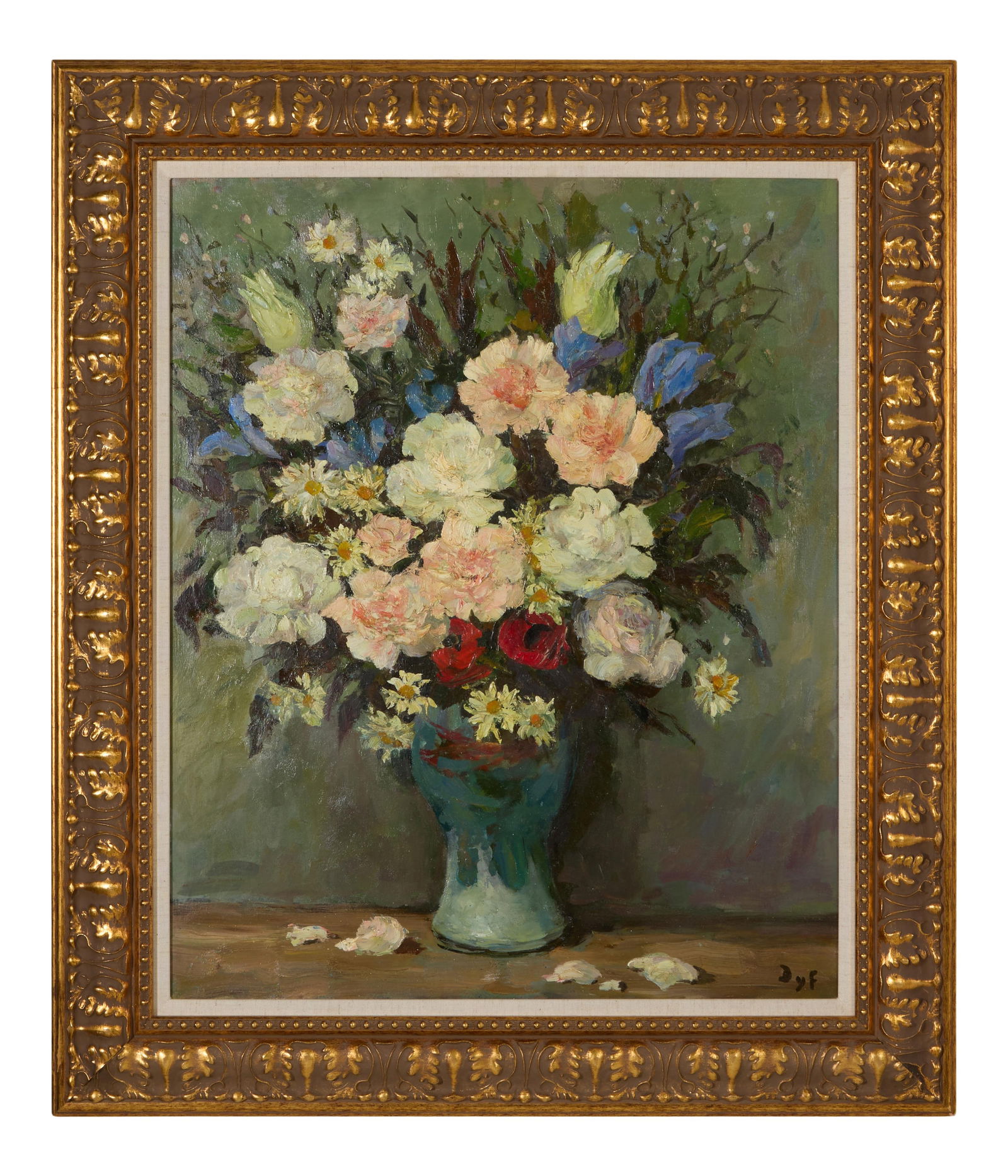 Marcel Dyf (French, 1899-1985), "Bouquet of Flowers," H.- 28 1/2 in., W.- 23 5/8 in., Framed H.- 36: Marcel Dyf (French, 1899-1985), "Bouquet of Flowers," oil on canvas, signed lower right, inscribed in French on stretcher "Maurice Buffet- Les Fruits de Quievy," presented in a giltwood frame, H.- 28