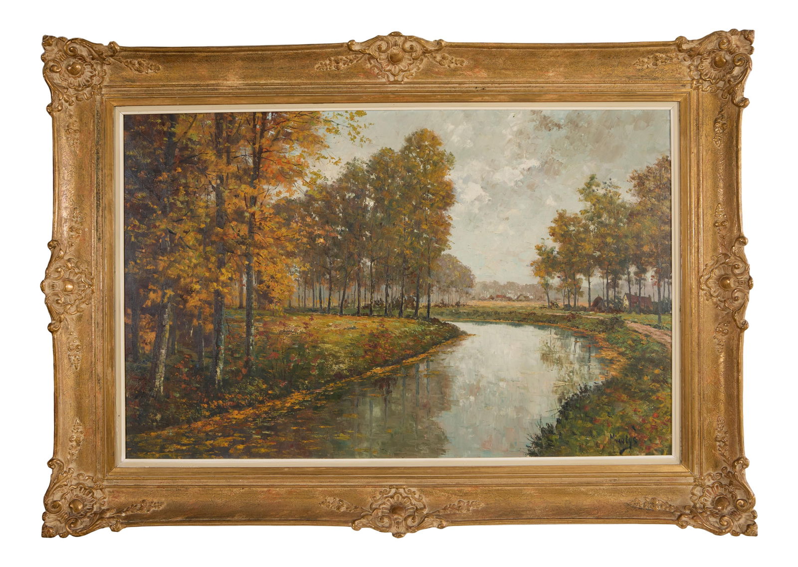 Marinus Van Eys (Belgian, 20th Century), "Autumn Landscape on River Bend," H.- 27 3/4 in., W.- 43 (1 of 9)