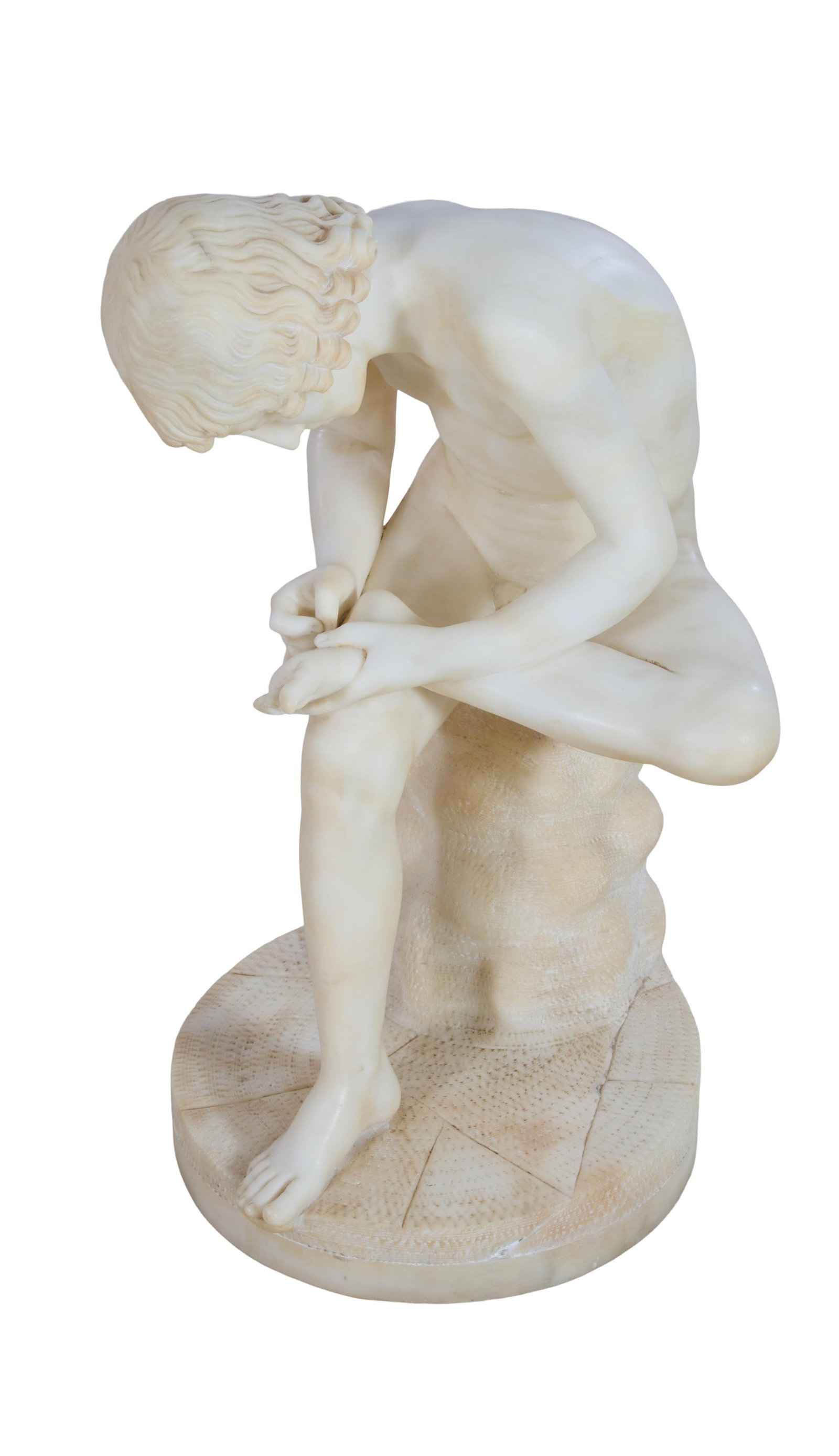Carved Alabaster Figure of "Il Spinario "(Boy Removing Thorn from Foot)," late 19th c., H.- 24 in., (1 of 3)