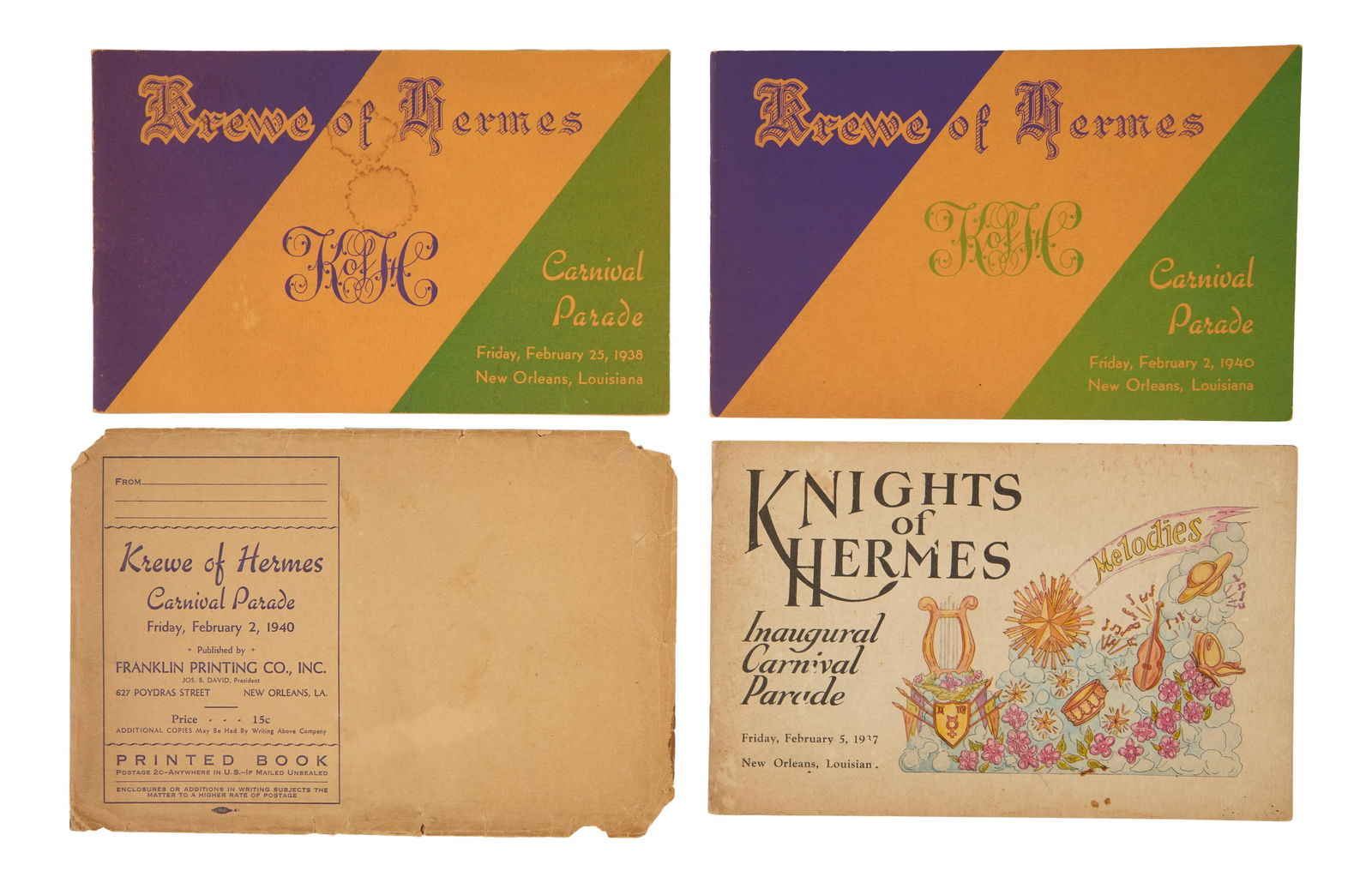 Three Mardi Gras Parade Bulletin Booklets, Hermes, 1937, 1938 and 1940, Each Booklet- H.- 5 38 in., (1 of 5)