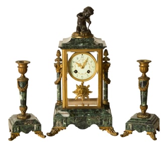 French Bronze and Highly Figured Gray Marble Three Piece Clock Set, c.1900, Clock- H.- 15 in., W.- 8