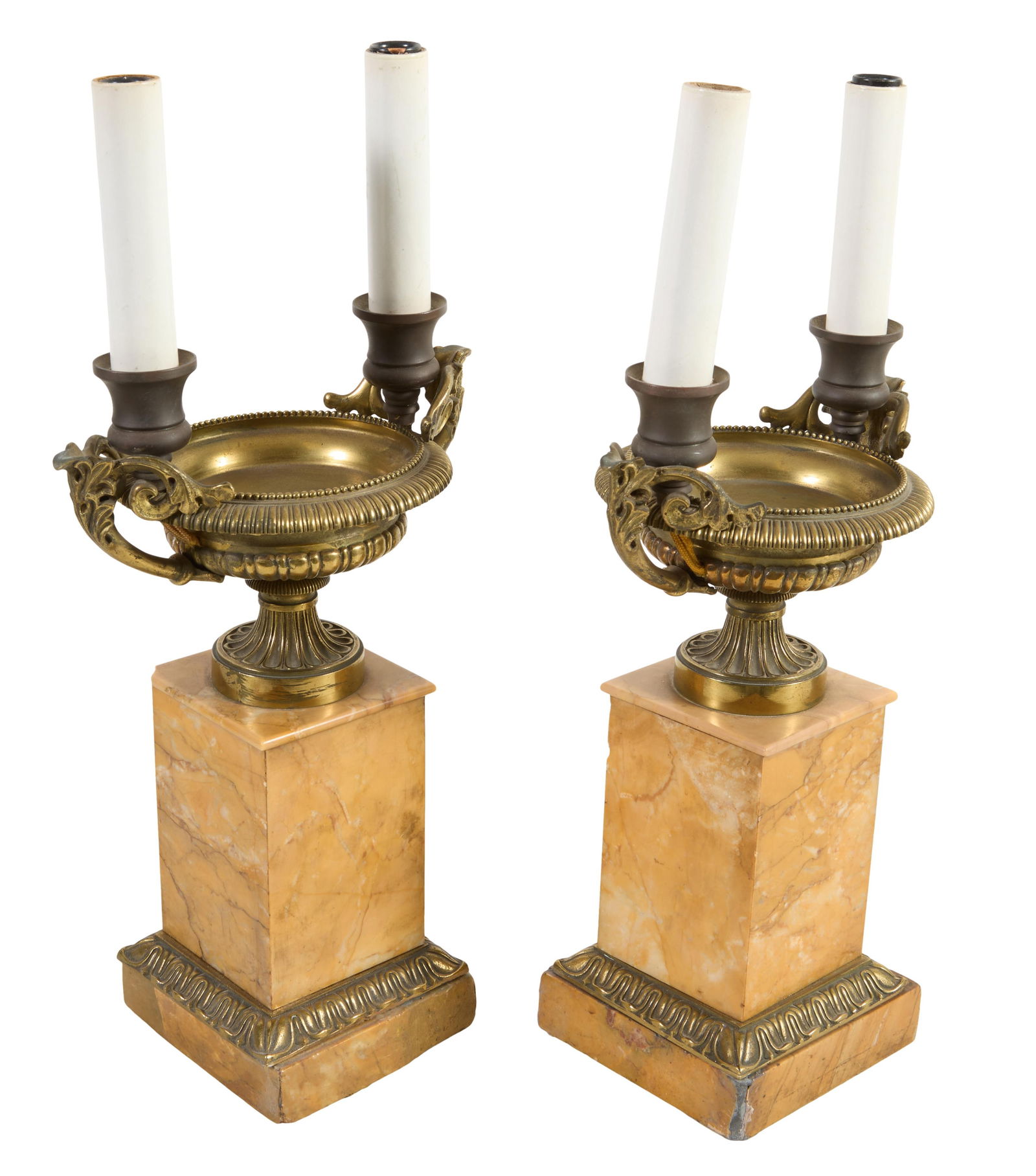 Pair of Italian Sienna Marble Gilt Bronze Urns, early 20th c., H.- 15 in., W.- 7 in., D.- 5 in. (2 (1 of 2)