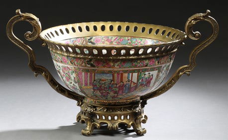 Large Chinese Gilt Bronze Mounted Famille Rose Center Bowl, 20th c., H.- 14 1/4 in., W.- 28 1/2 in.,