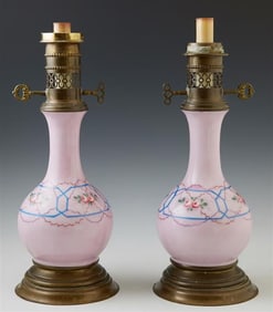 Pair of Old Paris Style Lavender Porcelain Bottle Form Oil Lamps, 19th c., Each- H.- 14 in., Dia.- 5