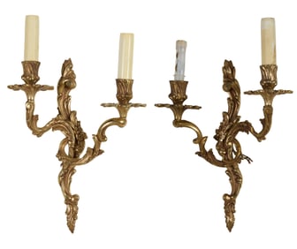 Pair of French Louis XV Style Gilt Bronze Two Light Sconces, 20th c., Each- H.- 15 1/2 in., W.- 9