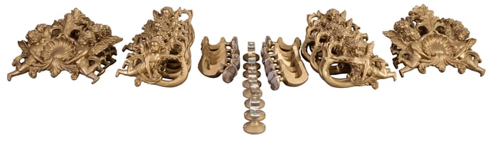 Seven Sets of Cherub Curtain Hardware, 20th c., top mounts: H.- 12 in., W.- 12 in., side mounts: H.-
