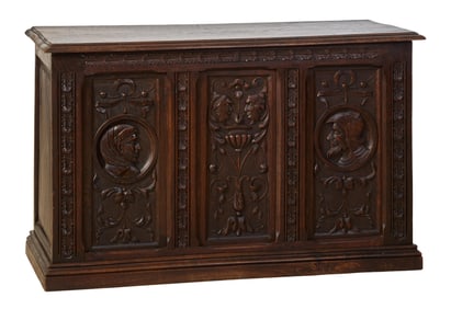 French Renaissance Style Carved Walnut Coffer, 19th c., H.- 24 in., W.- 38 in., D.- 15 1/2 in.