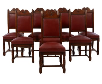 Set of Eight French Renaissance Style Carved Walnut Dining Chairs, early 20th c., Each- H.- 42 1/2