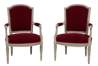Pair of French Louis XVI Creme Peinte Fauteuils, 20th c., Each- H.- 37 1/2 in., W.- 24 in., D.- 22