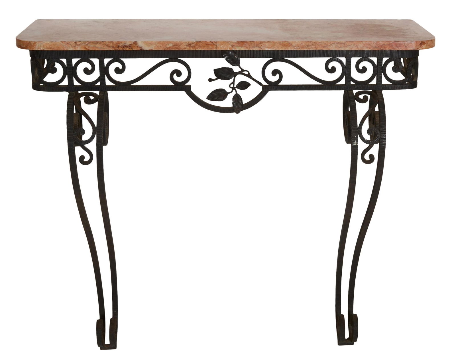 Italian Style Marble Top Wrought Iron Console, 20th c., H.- 33 in., W.- 37 3/4 in., D.- 12 3/4 in.: Italian Style Marble Top Wrought Iron Console, 20th c., the shaped marble top over scrolling frieze with central leaf sprig decoration, on two scrolling legs with integrated scrolled knees, H.- 33 in.
