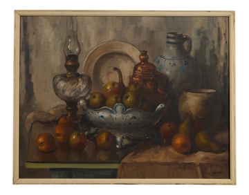 J. de Cort (Belgian, 19th/20th Century), "Still Life with Fruit, Delftware, Copper Teapot and Oil