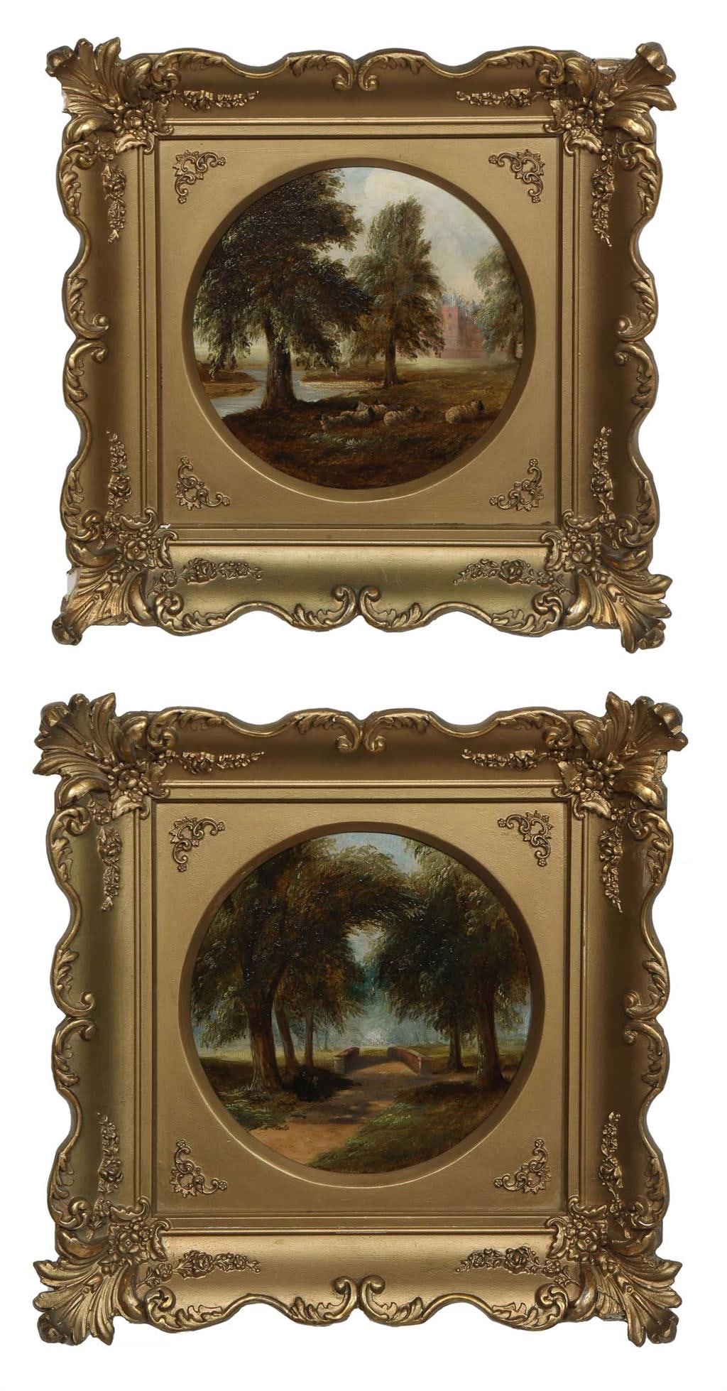 British School, "Playing Fields, Eton College," c. 1856, H.- 7 1/2 in., W.- 7 1/2 in.; Framed- H.-: † British School, "Playing Fields, Eton College," c. 1856, pair of oils on wood panel, each initialed "H. S." and dated lower right or left, illegible pencil-inscription with titles en verso, presen