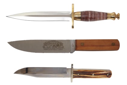A Group of Three Combat Knives, 20th c., Longest- L.- Blade- 7 in. (3 Pcs.)