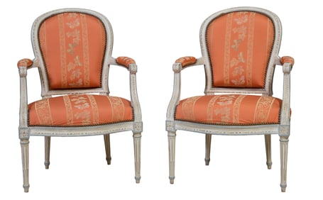 Pair of French Louis XVI Style Creme Peinte Fauteuils, 20th c., H.- 35 in., W.- 23 in., D.- 23 in.