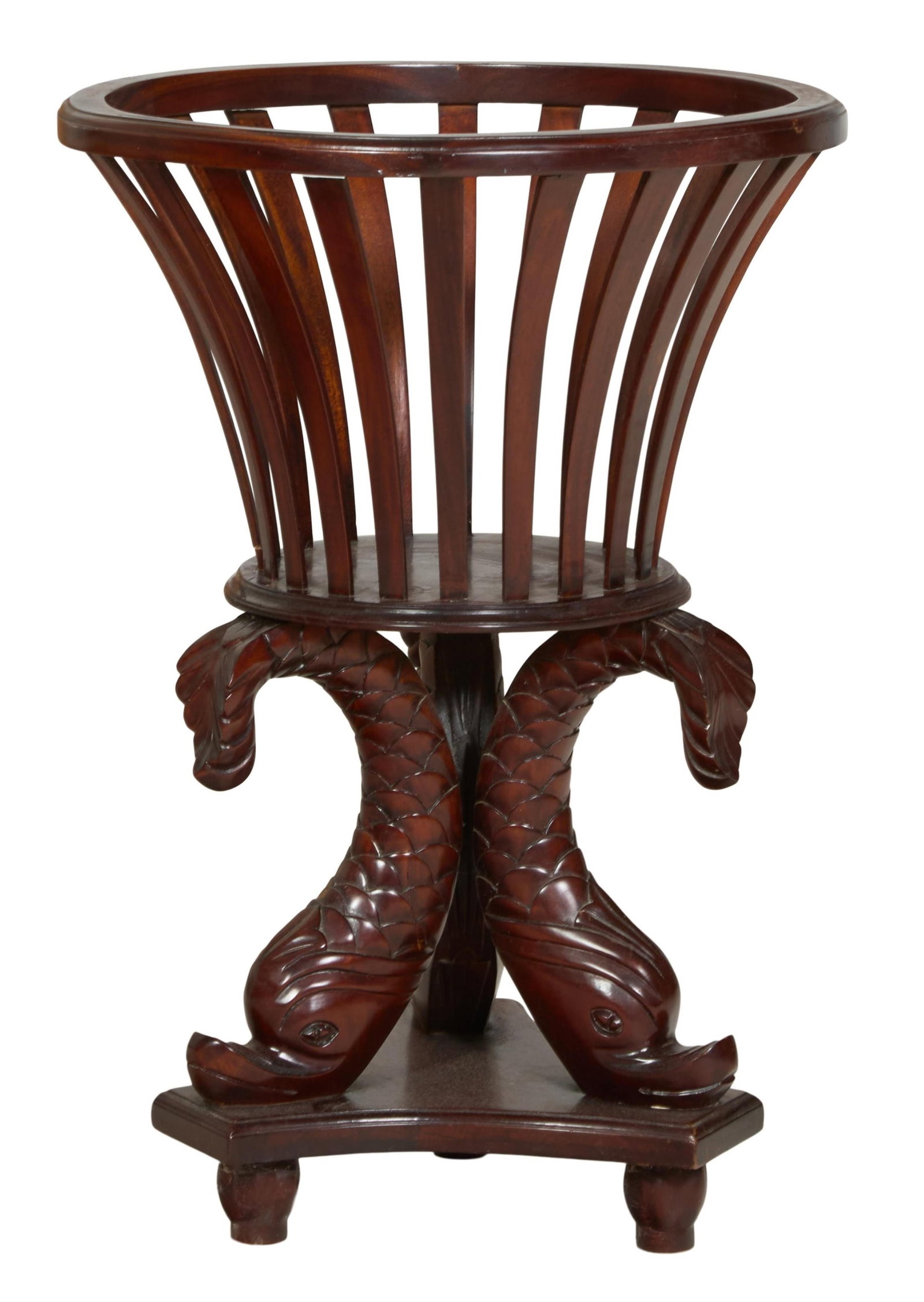 Dolphin Form Carved Rosewood Jardiniere, 20th c., H.- 28 in., Dia.- 19 1/2 in.: Dolphin Form Carved Rosewood Jardiniere, 20th c., the round basket form top with outswept splat supports, with three dolphin supports, on a tripartite moulded base, H.- 28 in., Dia.- 19 1/2 in.