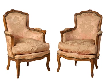 Pair of French Louis XV Style Carved Beech Bergere, 20th c., Each- H.- 35 in., W.- 25 in., D.- 24