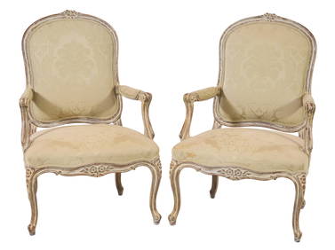 Pair of French Louis XV Style Creme Peinte Fauteuil, 20th c., H.- 40 1/2 in., W.- 26 1/2 in., D.- 24 (1 of 2)
