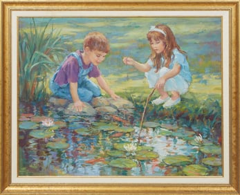 Lynn L. Gertenbach (California/Colorado, b. 1948), "Children Playing at the Pond," 20th c., H.- 13