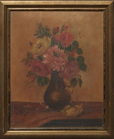 American School, "Still Life of Roses," early 20th c., H.- 15 3/4 in., W.- 12 1/2 in., Framed H.- 18
