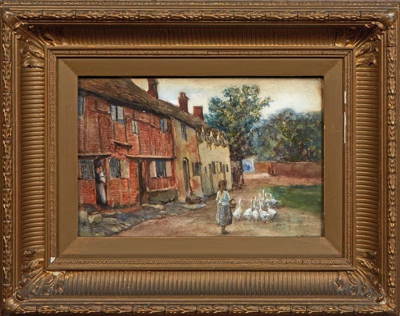 Continental School, "Girl Herding Geese," early 20th c., H.- 8 3/8 in., W.- 13 in., Framed H.- 16: † Continental School, "Girl Herding Geese," early 20th c., watercolor on paper, signed indistinctly lower right, presented in a gilt and gesso frame, H.- 8 3/8 in., W.- 13 in., Framed H.- 16 1/2 in.