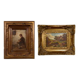 American School, "Cattle Pasturing," and "Apple Peeling," late 19th c., Cattle- H.- 5 in., W.- 7 (1 of 8)