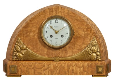 French Art Nouveau Ormolu Mounted Burled Walnut Mantel Clock, c. 1920, H.- 11 1/2 in., W.- 16 1/8