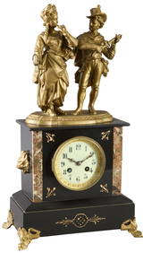 French Gilt Spelter and Inlaid Marble Figural Mantel Clock, 19th c., H.- 19 in., W.- 10 1/2 in., D.- (1 of 4)