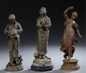 Group of Three Patinated Spelter Figures, c. 1900, Maiden- H.- 19 3/4 in., W.- 7 in., D.- 6 1/4 in.,