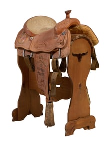 Leather and Silver Plate Mounted Saddle on Stand, Overall- H.- 37 in., W.- 20 in., D.- 25 1/2 in.