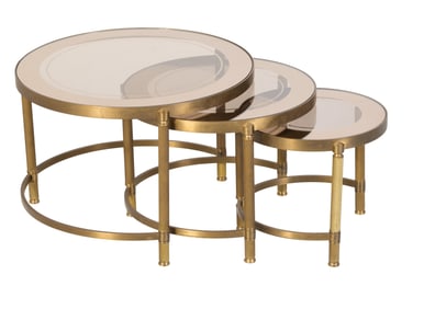 Three French Brass and Glass Nesting Tables, 20th c., Largest- H.- 14 in., Dia.- 20 in. (3 Pcs.)