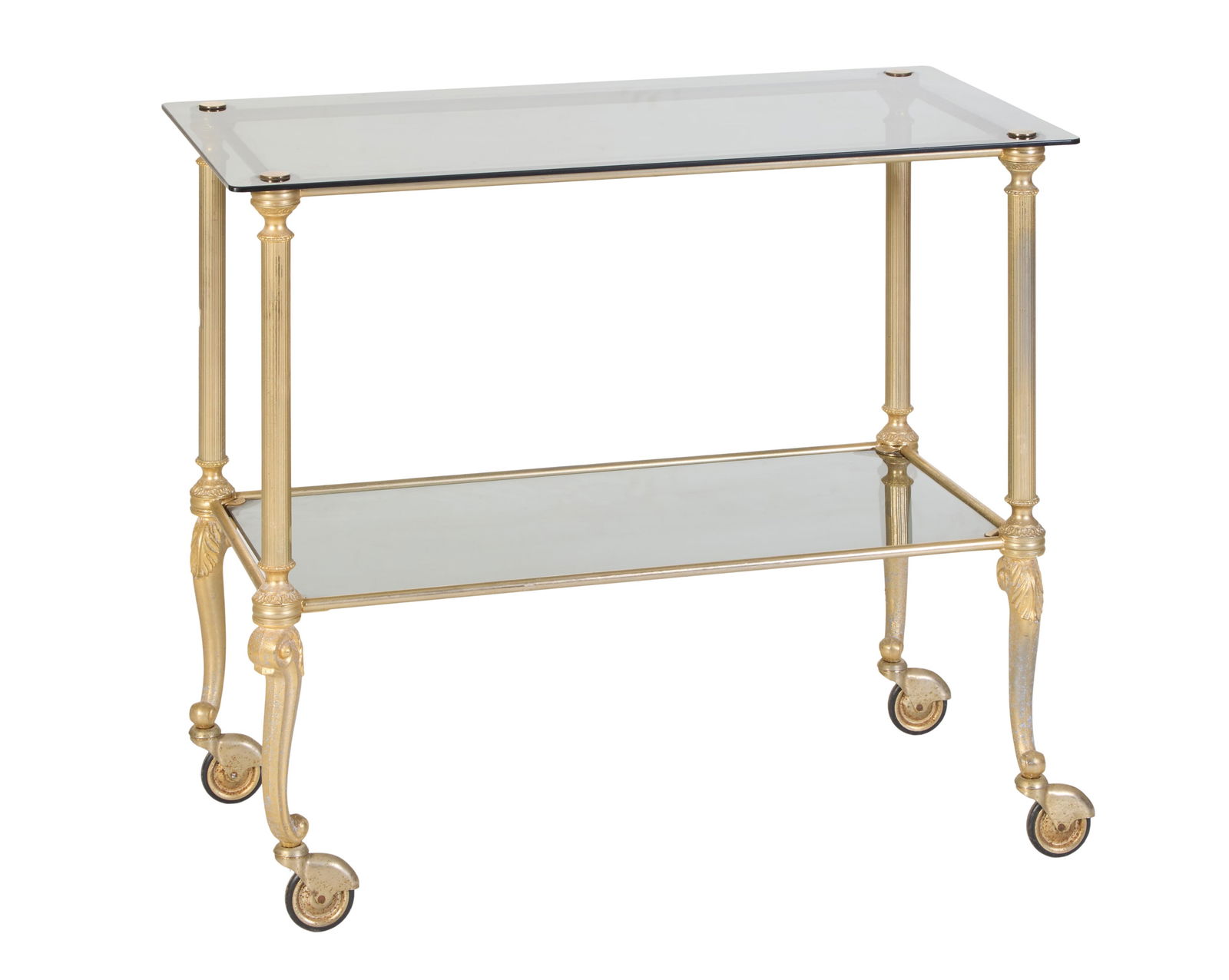 French Louis XVI Inspired Smoked Glass and Brass Bar Cart, 20th c., H.- 28 in., W.- 33 in., D.- 17: French Louis XVI Inspired Smoked Glass and Brass Bar Cart, 20th c., the mounted top over four columnar supports joined by a medial stretcher shelf, on acanthus 'S' scroll legs, with casters, H.- 28 in