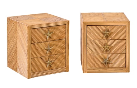 Pair of Bamboo Reed Clad Nightstands, 20th c., H.- 20 in., W.- 17 3/4 in., D.- 18 1/2 in. (2 Pcs.)