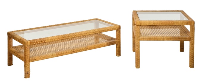 Two Mid Century Wicker and Glass Tables, 20th c., side: H.- 21 1/2 in., W.- 26 1/2 in., D.- 26 1/2