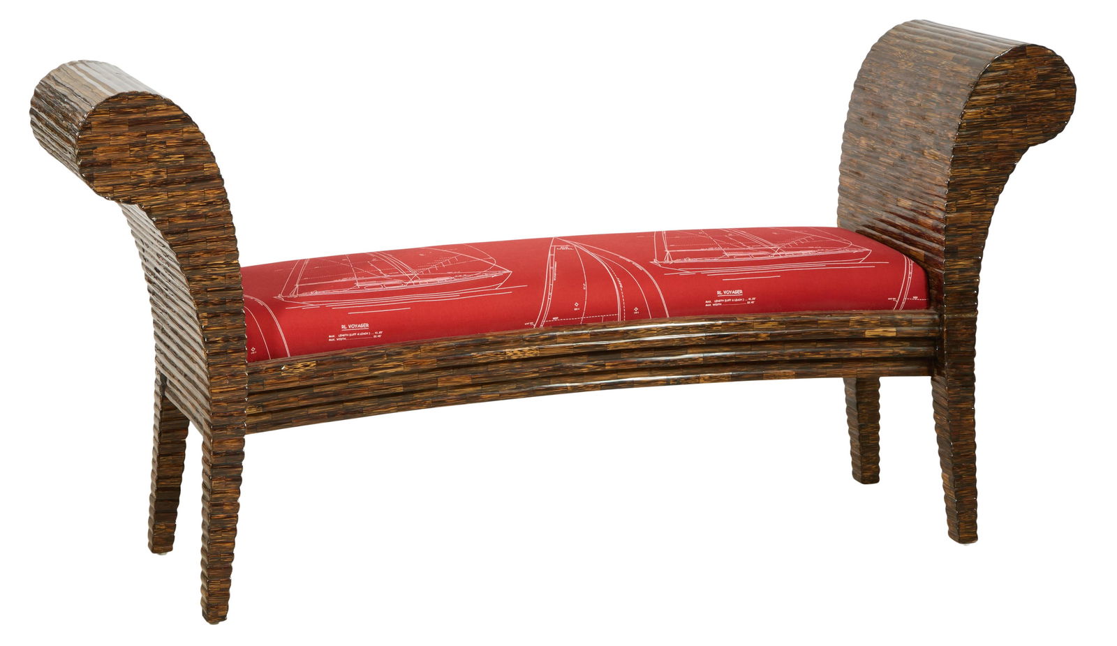 Enrique Garcel Postmodern Coconut Palm Bench, 21st c., H.- 34 1/2 in., W.- 72 in., D.- 18 1/4 in.: Enrique Garcel Postmodern Coconut Palm Bench, 21st c., the tessellated coconut palm clad frame with scrolling arms into tapered legs joined by conforming arched seat rail, upholstered in nautical fabr