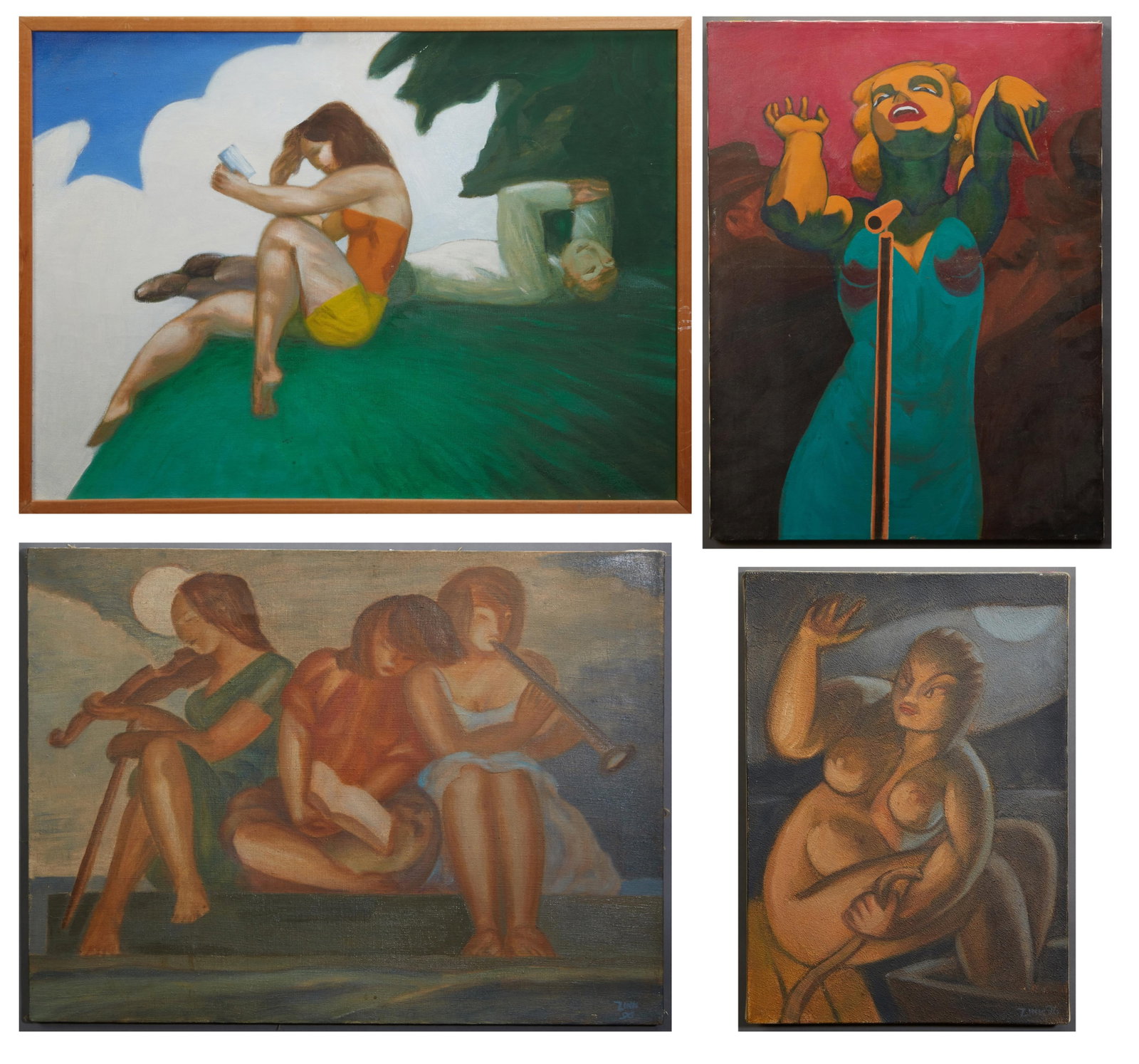 Larry Zink (New Orleans), Four Paintings of Women, H.- 24 in., W.- 18 in., unframed; H.- 17 in., W.-: † Larry Zink (New Orleans), Four Paintings of Women, "Torch," 1989, "Seated Nude," 1996, "Three Musicians," 1996, and "Vanitas," 1987, four oils on canvases, one presented in a wood frame and the re