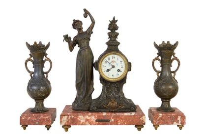 French Three Piece Rouge Marble and Patinated Spelter Clock Set, late 19th c., Clock- H.- 17 in.,
