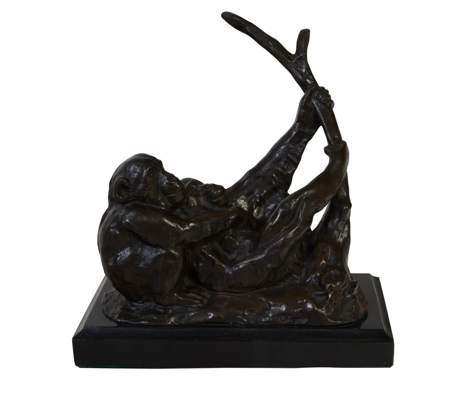 After Irenee Rochard (French, 1906-1984), "Monkeys," 20th c., Bronze- H.- 10 3/8 in., W.- 9 in., D.-: After Irenee Rochard (French, 1906-1984), "Monkeys," 20th c., patinated bronze, signed on the edge of the integral base, presented on a black marble plinth, Bronze- H.- 10 3/8 in., W.- 9 in., D.- 5 3/