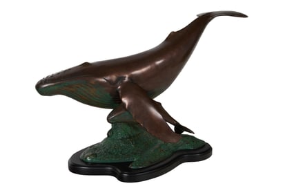 Patinated Bronze Mother Whale and Calf, 20th c., H.- 15 in., W.- 16 1/2 in., D.- 24 3/4 in.