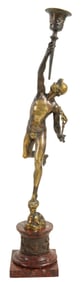 Patinated Gilt Bronze Statue of Hermes, 19th c., H.- 21 in., W.- 5 1/2 in., D.- 6 1/4 in.
