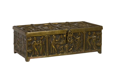Continental Gilt Bronze Relief Humidor, 19th c., H.- 3 1/8 in., W.- 9 in., D.- 4 1/4 in.