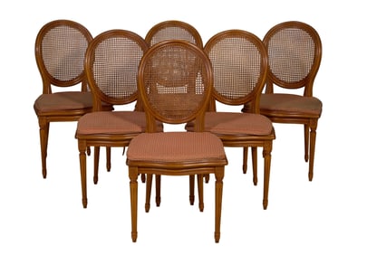 Set of Six French Louis XVI Style Cherry Dining Chairs, 20th c., Each- H.- 38 in., W.- 20 in., D.-