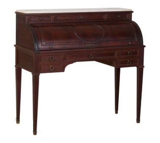 French Louis XVI Style Marble Top Walnut Cylinder Bureau, 20th c., H.- 41 1/2 in., W.- 43 1/4 in.,